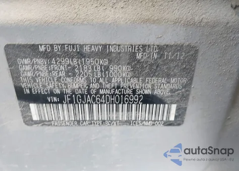 2013 Subaru Impreza 2.0I Premium z USA, uszkodzony, nr VIN JF1GJAC64DH016992